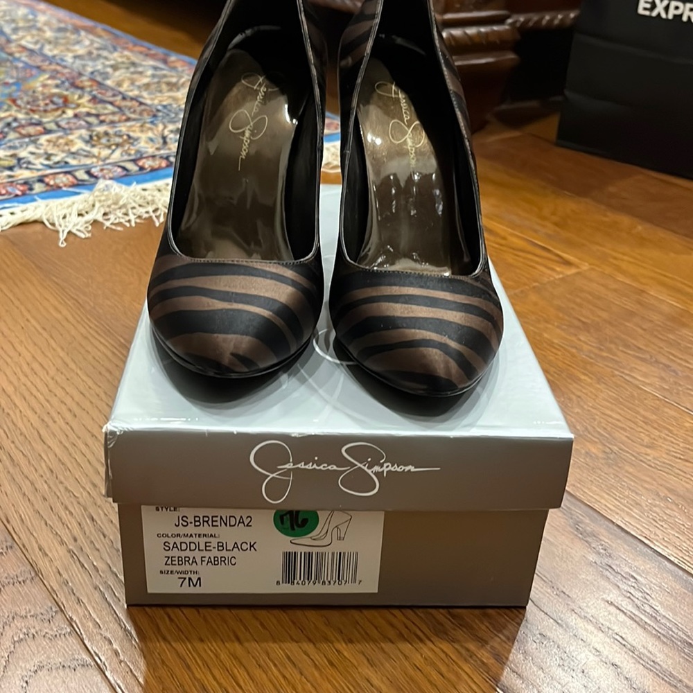 Jessica Simpson Brenda 2 saddle black zebra fabric pumps